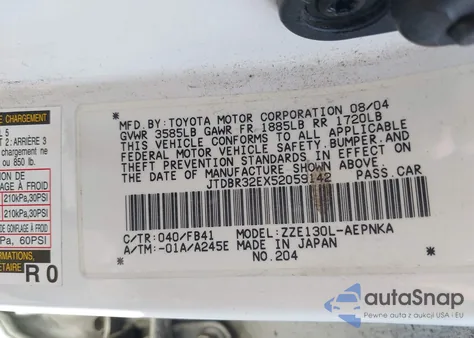 2005 Toyota Corolla Le z USA, uszkodzony, nr VIN JTDBR32EX52059142